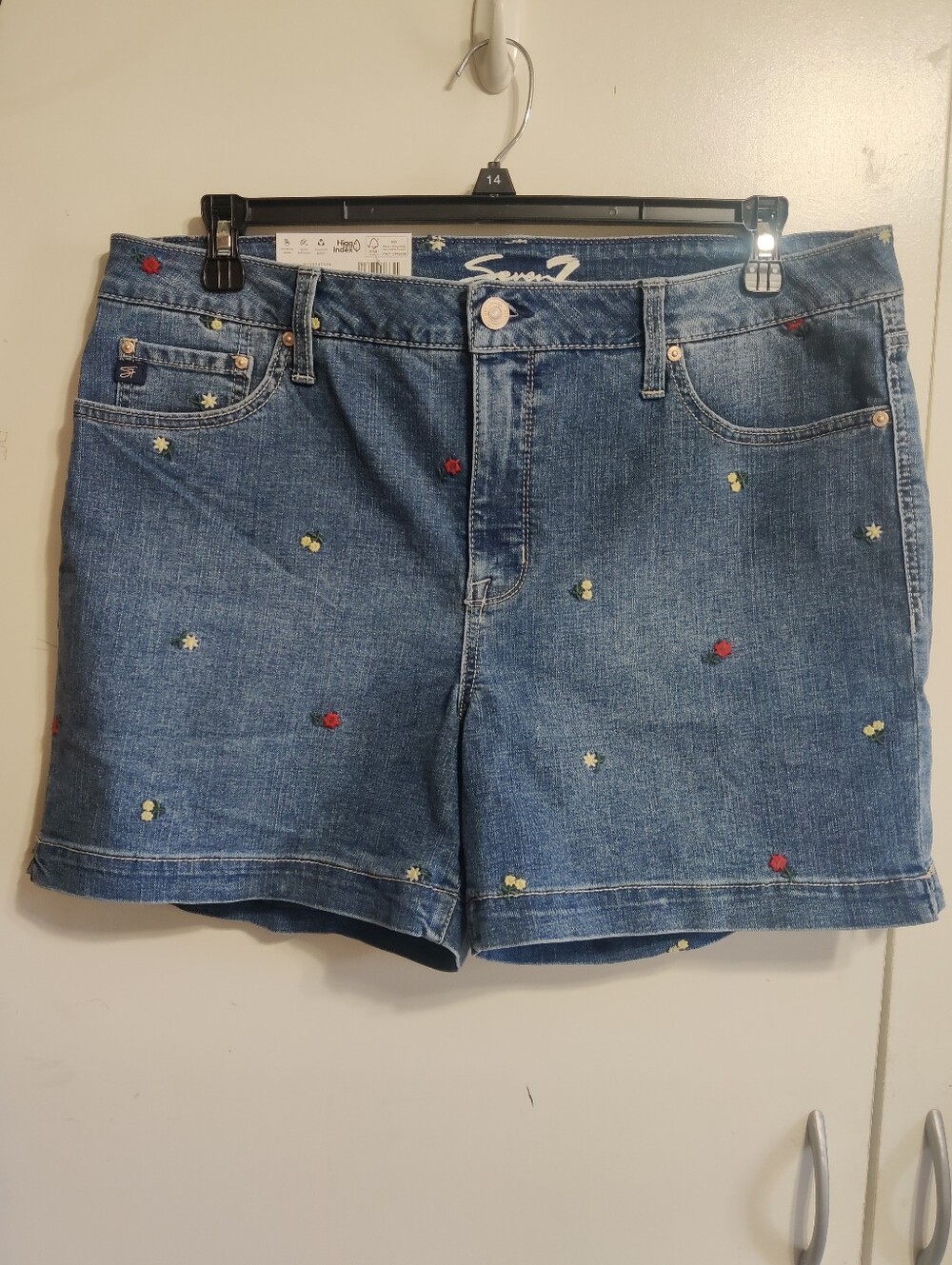 Seven7 Embroidered Blue Denim Shorts with Floral Dots